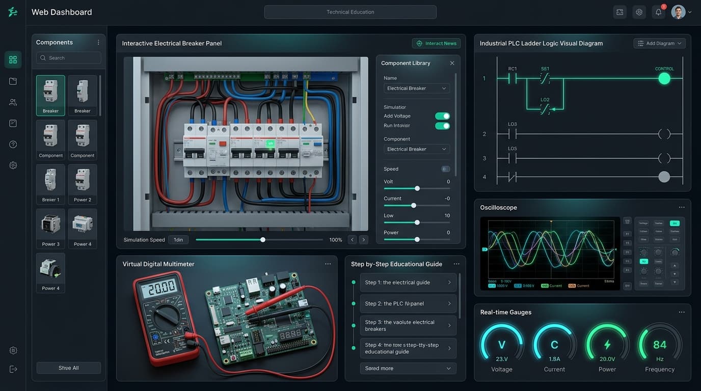 Simuladores Virtuales Interactivos MegaTech - Tablero Eléctrico, PLC Ladder y Multímetro